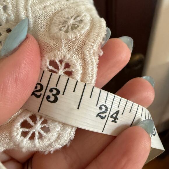 Cream Linen Blend Eyelet Blouson Shirt Scalloped Hem, lace trim | Medium - Picture 8 of 8